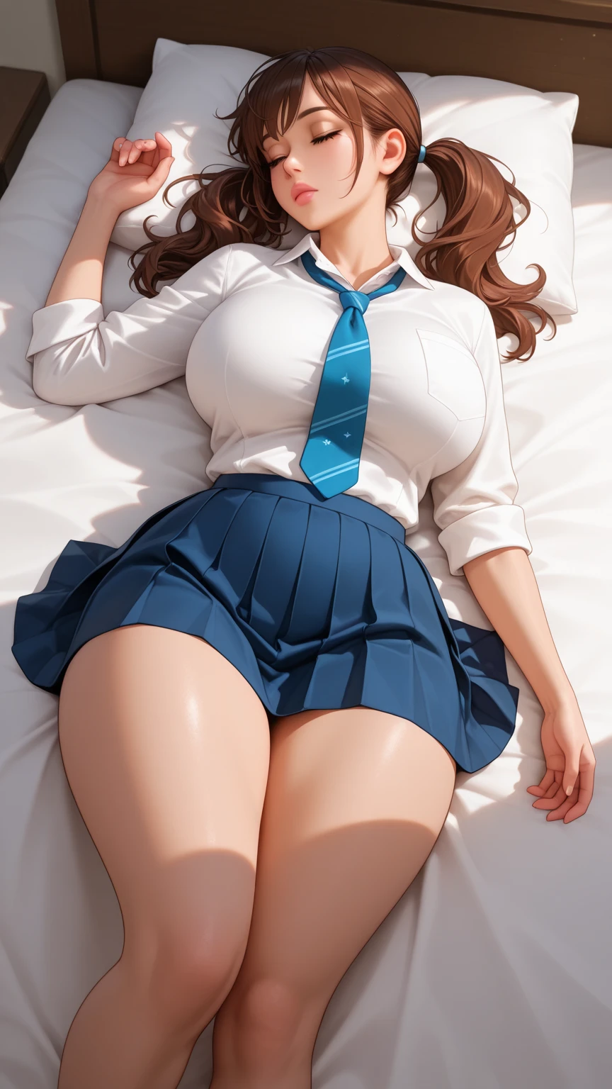 superrealistic anime,tanned gyaru,cute face,eyelash,make up,earing,brown hair,curvy body,thick thighs,school cardigan,white shirt,checked pleated skirt,navy skirt,look at viewer,buttocks focus,loafers,loose socks,detailed skin,at her room,pink bed,lying on back on bed and spreading legs,pink string panties,from above,face focus,creampie,cum in pussy,big breasts,,school bag