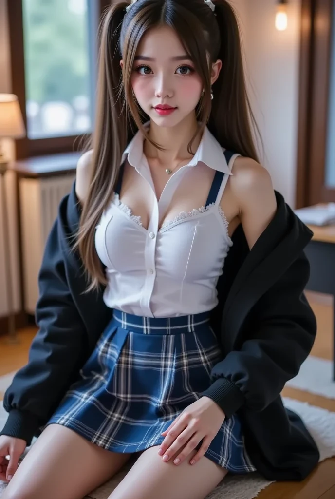 skirt,plaid necktie,belt,plaid skirt,black shirt,bowtie, (Sun, sea, sand), a beautiful woman, a stunning girl sitting on the beach with her knees bent and sideways, (Very nice legs, no extra legs, anatomically correct), surrounded by flowers and butterflies, her chest partially visible, Lean back, leaning back with her elbows supporting her body, 1girl, detailed face, illuminated by moonlight, atmospheric lighting, detailed environment, dramatic lighting, cinematic, moody, fantasy setting, Beauty goddess, sexy pose, shining silver light, on the hot content