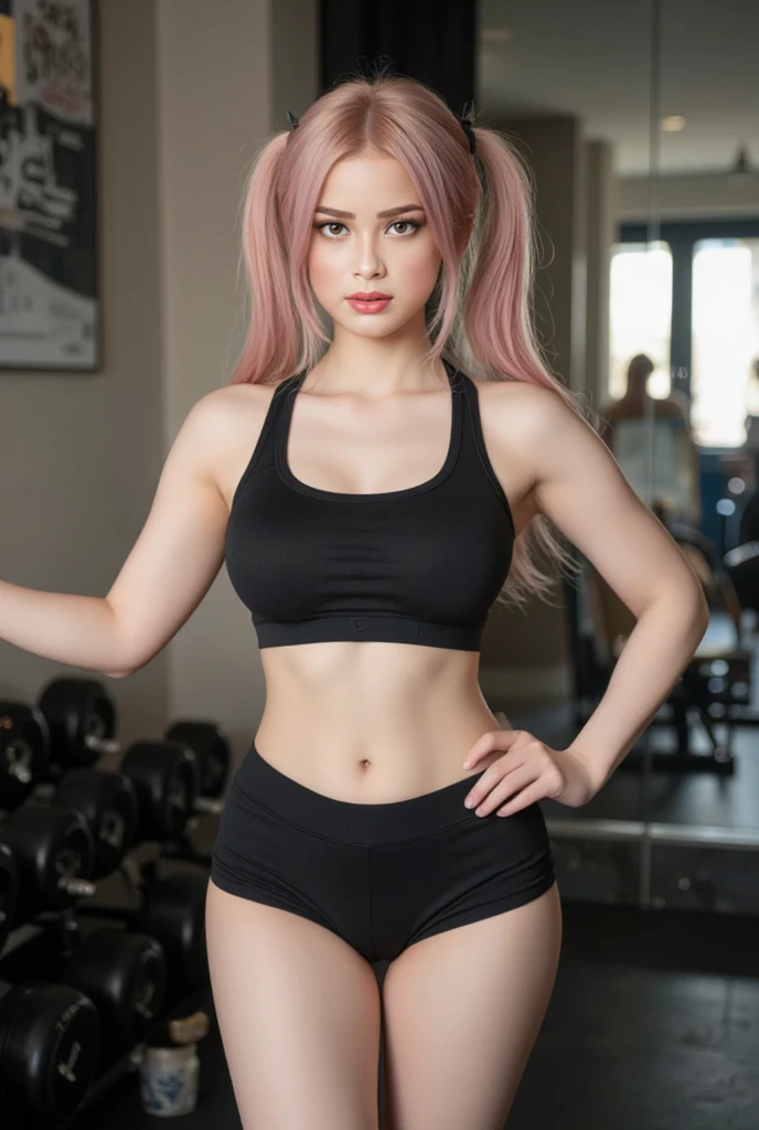 ((a 25yo girl), Sayla Mass, elegant), bending waist,whole body、see the beholder, young woman,(with sparkling eyes and a contagious smile),(her thin pubic hair:1.3),shy、blush、expression of ecstasy、erotic、charming、Charm、bob short、bangs、shiny blonde hair、blue eyes、long, well-shaped eyelashes、perfect eyes、Slender eyes、glossy pale pink lips、(Plump slender body of a young woman、plump body:1.3、shiny skin、Beautiful big breasts:1.1、thin waist、Beautiful butt、Thick thighs、beautiful long legs)、perfect arms、perfect hands、perfect fingers、perfect body shape、perfect anatomy、(Army pink uniform dress with short super uper miniskirt You can see the pants in the miniskirt), cameltoe, lilac lace shorts、Bright red long boots), steam、steam、sexy genital pose gesture、cheeky pose、(putting fingertips on lips),(with sparkling eyes and a contagious smile),nsfw, From Above、cowboy shot, no gravity, figure, Bright colors, Practical Light, (background is blurred:0.8)、highest quality, disorganized, good quality、Realistic, ultra high resolution, masterpiece、HDR、UHD、8k,,(((sports gym:1.2))),cleavage , (get sweaty), looking at viewe