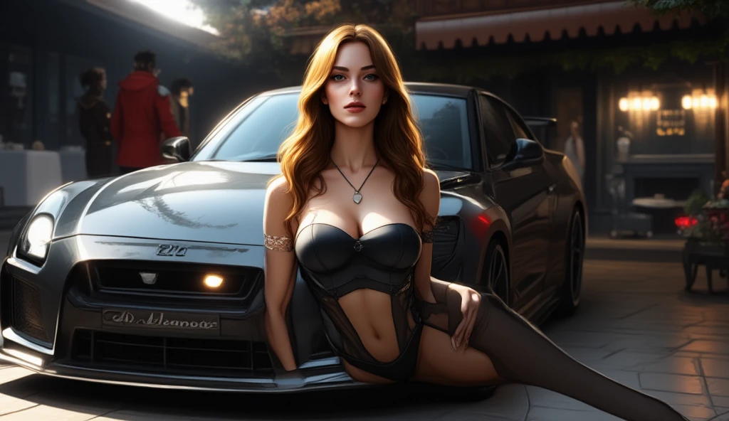 horror mood, horror vintage, manga, horror sci-fi 80's. A beautiful teen emma watson sitting inside her futuristic car. freckles, sparkly blue eyes. tight sparkly intricate red sparkly bikini, texturized. background alien spaceship. H. R. Giger.