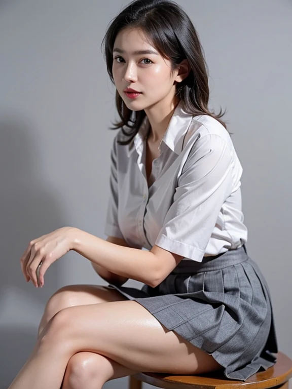 1girl,looking at viewer,solo,best quality,(photorealistic:1.4),8K,realistic,Photography,realistic texture,HDR,masterpiece,Professional,ultra high res,<lora:cute tiktok girl mix_V2:0.8>,flower,full body,sitting,chair,white shirt,skirt,uniform,crossed legs,
