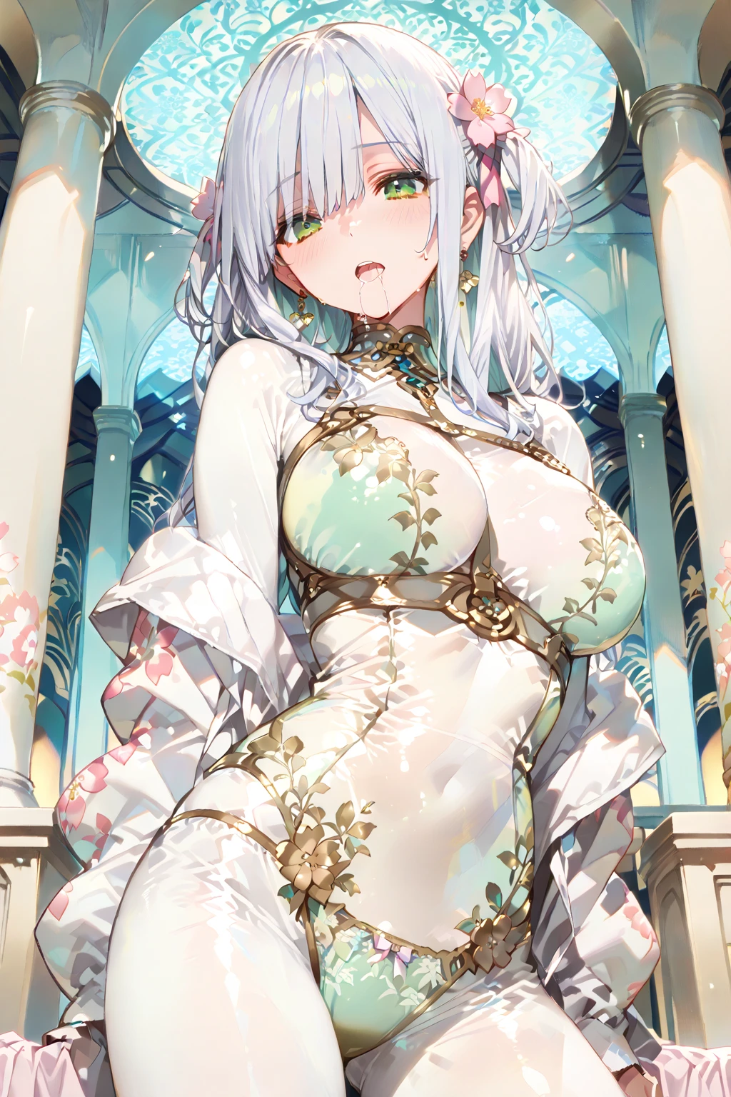 4K.high resolution,one woman,slightly white purple hair,long ponytail,big tits,White traditional Thai dress,knife,destroyed city,The sky is cloudy.,sunset,big breasts,Show your breasts,The cracks are clear...,((big tits)),(pubic bone), rift, visible chest, ((bare breast:1.37)), I see bulging nipples.,(((large areolae:1.4,pink,The nipples are clearly visible.....))),