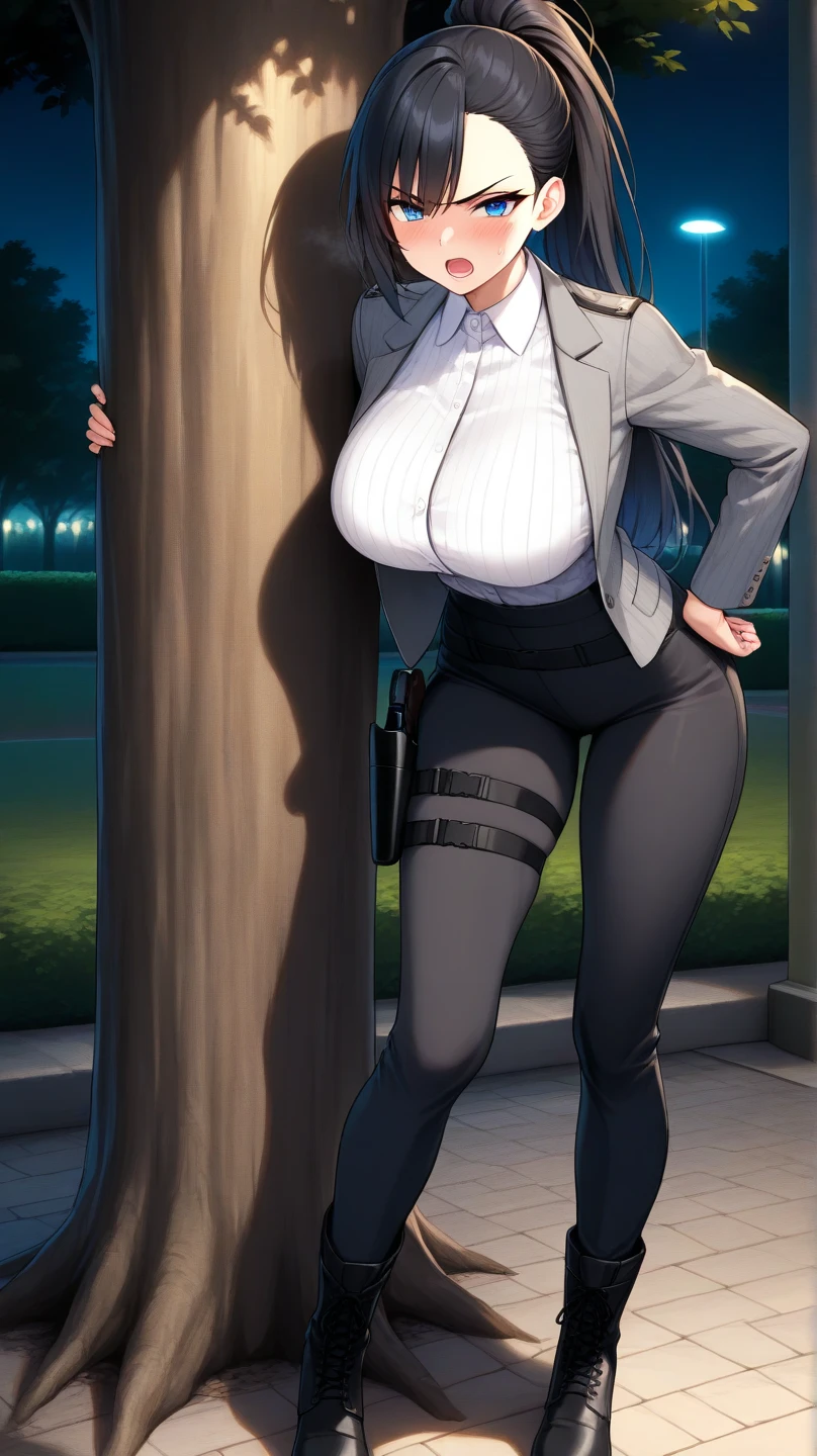 1 girl, very big breasts, very sexy body, 1 girl in, a smile, looks at the viewer, black shirt, super short white school miniskirt, full body, giant breasts, cleavage, giant breasts, heels, background in the mountains 1 girl , with big breasts. long legs QUEEN huge tits, (cleavage), high legs, (standing), sexy and muscular body. short skirt.4k hd