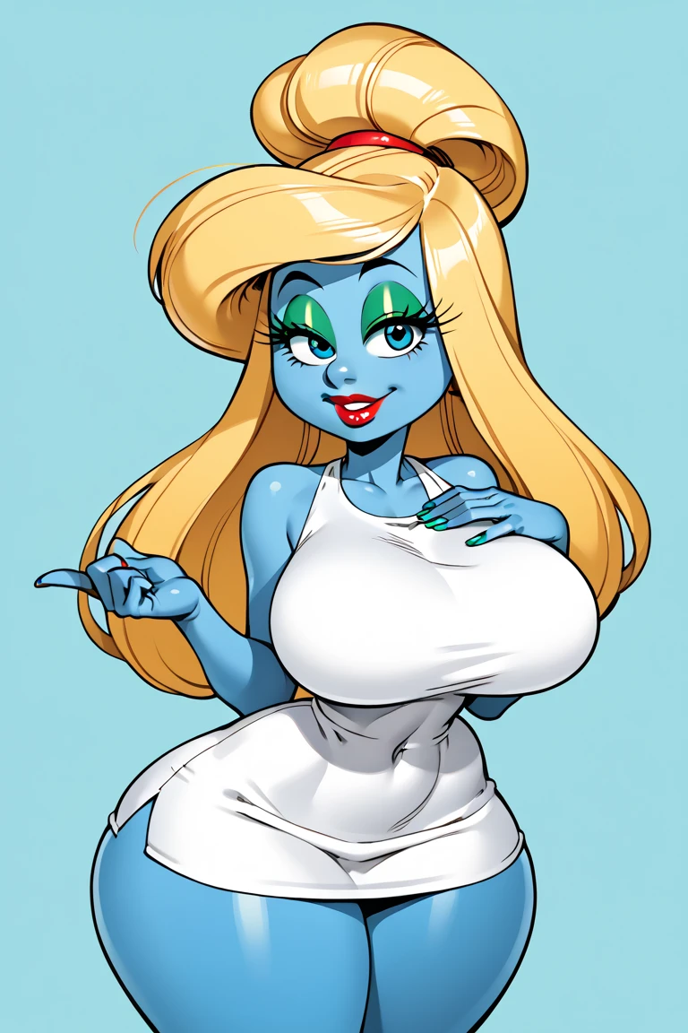 smurfette in smurf village, <lora:smurfette_Character:1> smurfetteOC, hat, white dress, colored skin, blue skin, blonde
