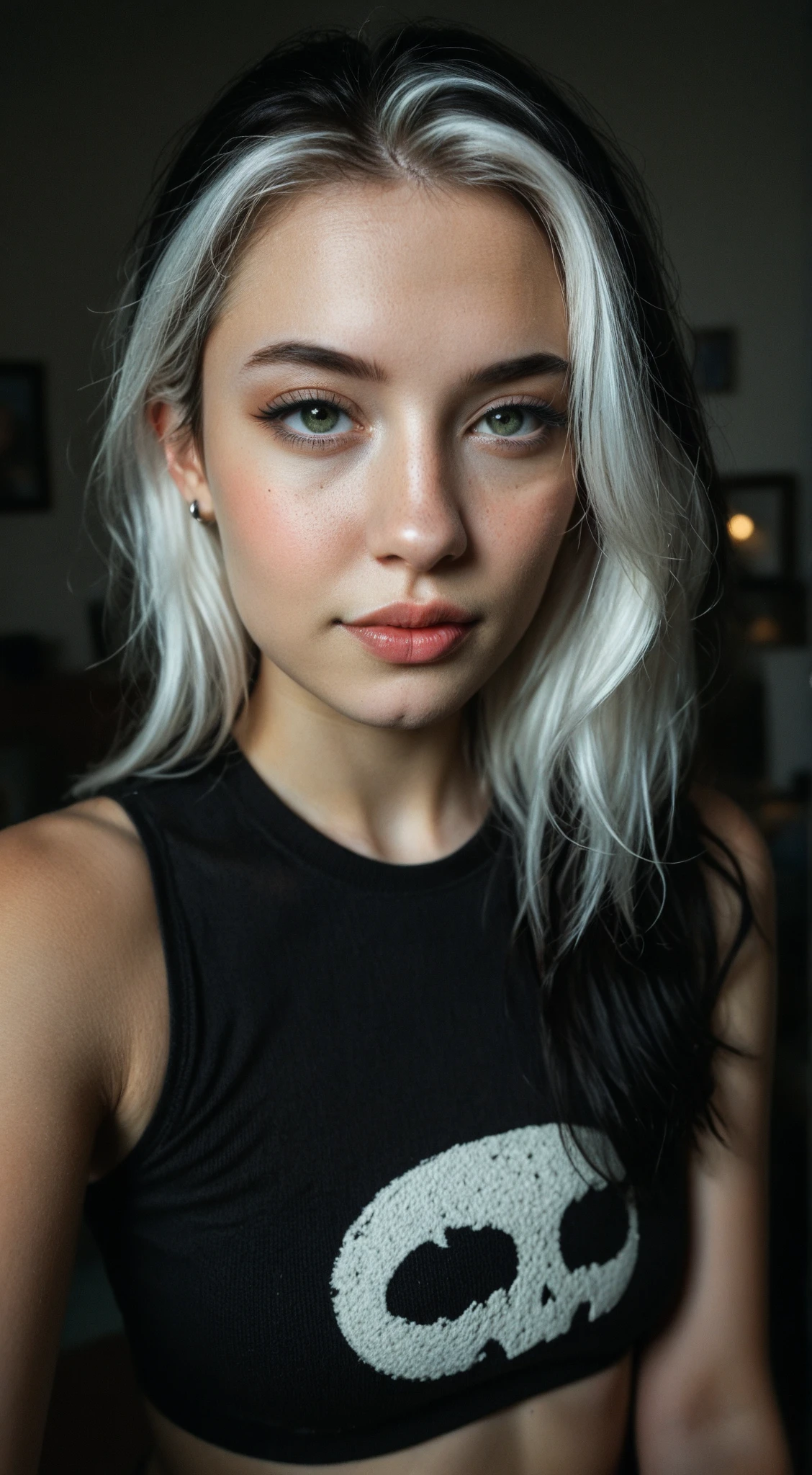 (photorealistc, uhd, 8k) ,cum on forehead, cum on face:1, bukkake:1.2, facial:1, new wave girl with silver-black messy bob hair, neck tattoo, wearing a virgin killer sweater, very small rocket tits, puffy nipples