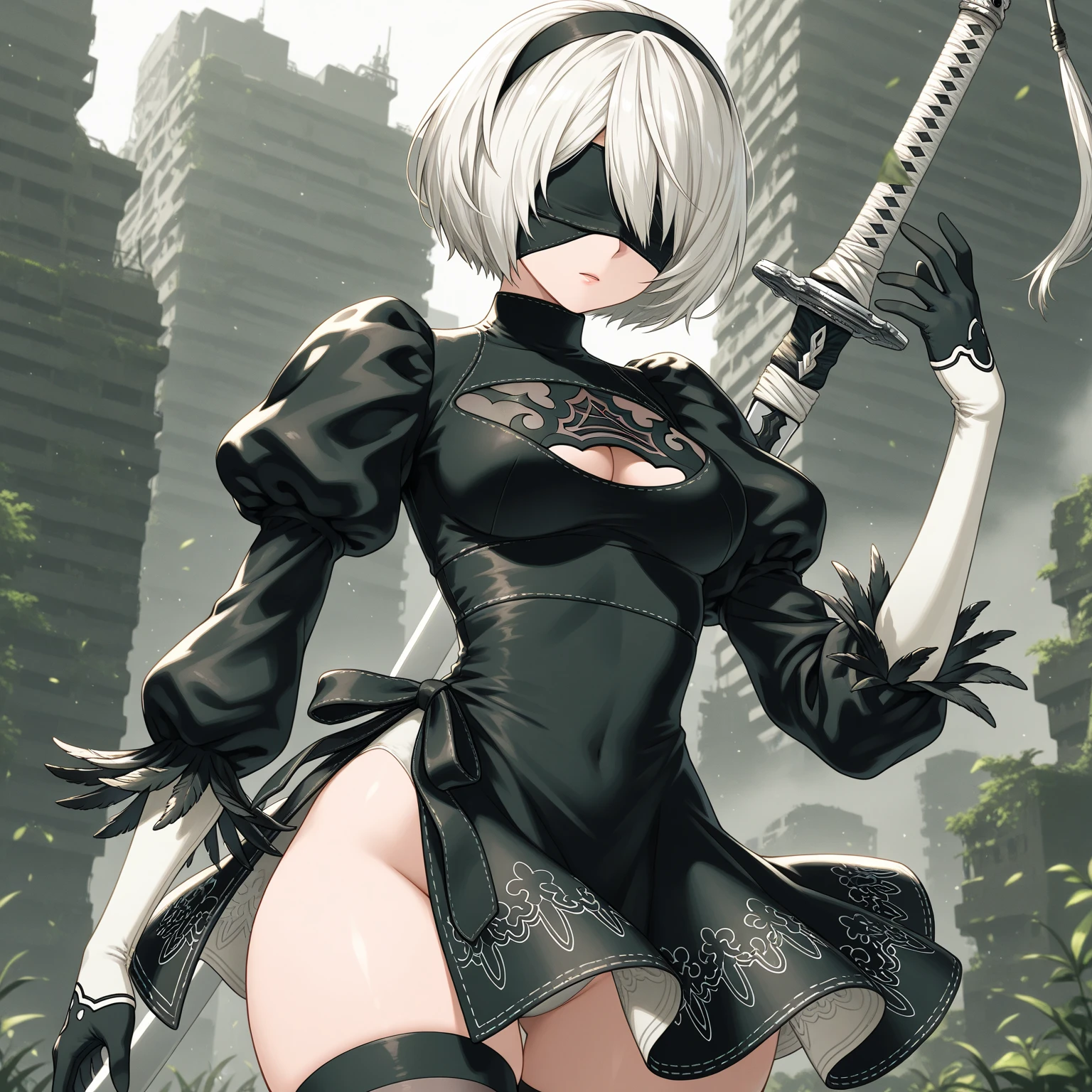 score_9, score_8_up, score_7_up, source_anime,
2b, 2b, yorha no. 2 type b, short hair, white hair, hairband, mole, black hairband, mole under mouth, blindfold, covered eyes, black blindfold,
gloves, long sleeves, puffy sleeves,, clothing cutout, cleavage cutout, juliet sleeves, feather-trimmed sleeves,
outdoors, wasteland,((white leotard, cameltoe))
solo, dutch angle, looking at viewer, cowboy shot,