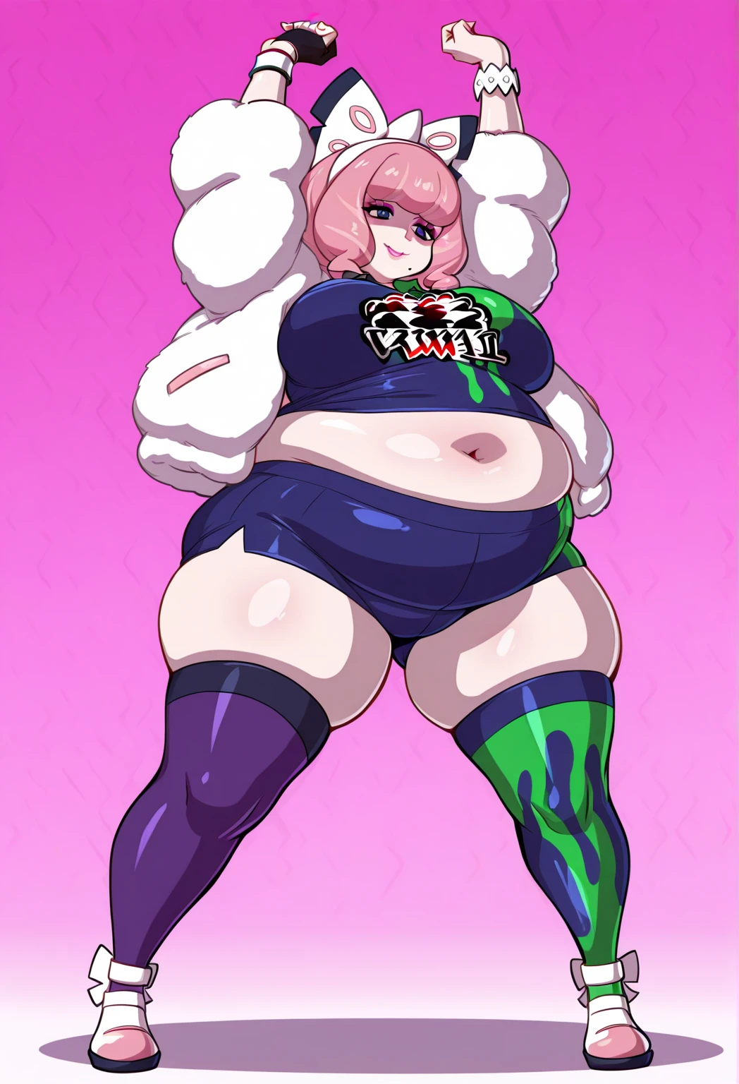 Illustration of a ((Handsome yet Feminine))Anime fat man with a big belly , fat man, extremely face face , (morbidly obese), ((insanely inflated hips)),(fat thighs),(( fat butt)) ,(( big flabby stomach)), his belly is fat , background ( bedroom ), expression ( seduce, eyelids lowered, smile)((anime boy )), (((Tan skin))), ((long,white hair with pink streaks )),(( hair Styled into a Bun and braided ponytail )) , ((white half jacket,hot pink Crop top)) ((Skimpy white shorts)) , (evil aura)),((solo)) anime artstyle, anime art style, yandere((masterpiece, High aesthetic, high quality))