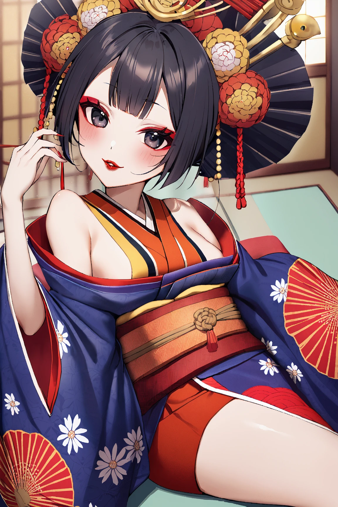 score_9, score_8_up, score_7_up,source_anime, high res image,masterpiece,best quality,girl,cute face,clear skin,shiny hair,ultra detailed eyes,simple background, <lora:oiran_Pony_V1.0:1> oiran, hair ornament, japanese clothes, floral print,off shoulder