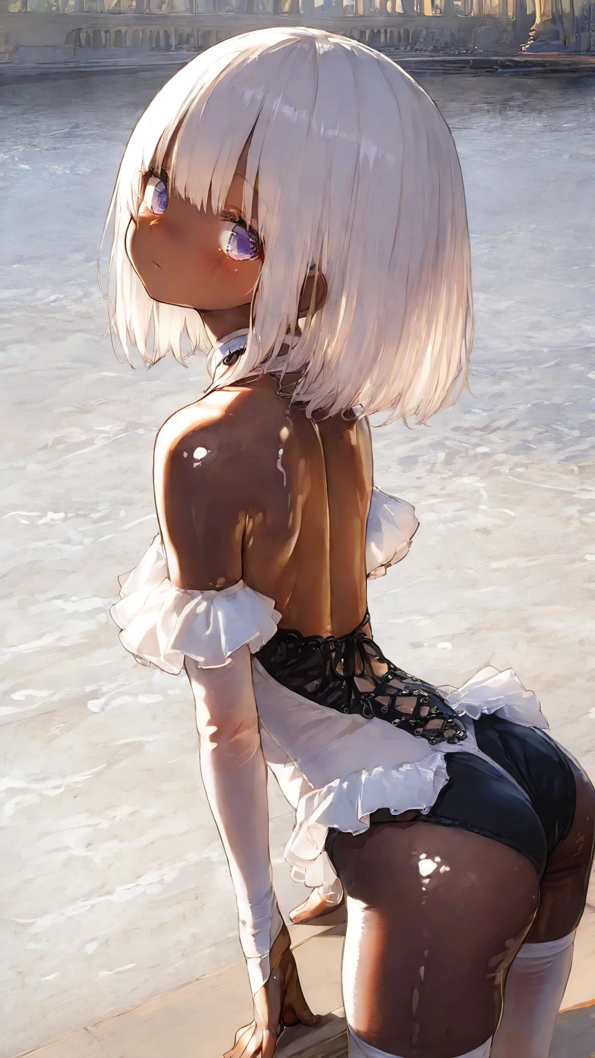 nakeness,Bigchest ,Beautiful silver-haired woman with perfect figure,Sweaty body, top-quality,8K,tmasterpiece,sandbeach,legs are open,, Show, Ass Show, back-view、NSFW、On all fours