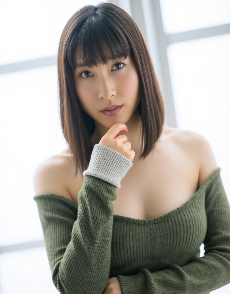 (best quality, 8k, 32k, masterpiece, ultra high definition:1.2),Photos of beautiful Japanese women, big breasts, very short bob hair,Upper body,Face focus,(extra large_sweater,:1.1) necklace, simple background, looking at the audience, lean forward,