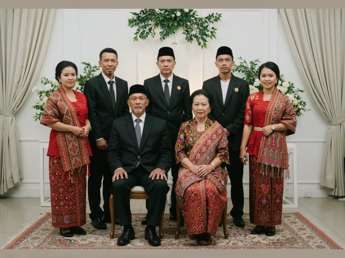 A touching portrait of an Indonesian family gathered in a comfortable empty guest room, exuding a sense of closeness and nostalgia. Five middle-aged men stood neatly in a row behind a brown sofa, all wearing black suits and wearing a mixture of serious and cheerful expressions. Their father, a 60-year-old man, sat at the front of the group, wearing brightly colored batik clothes and a traditional batik hat. Their mother, also 60 years old, sat beside him, wearing beautiful batik clothes and a hijab, similar to her father's clothes. The room is decorated with traditional Indonesian artifacts, creating a warm atmosphere. family members., photos, portrait photography