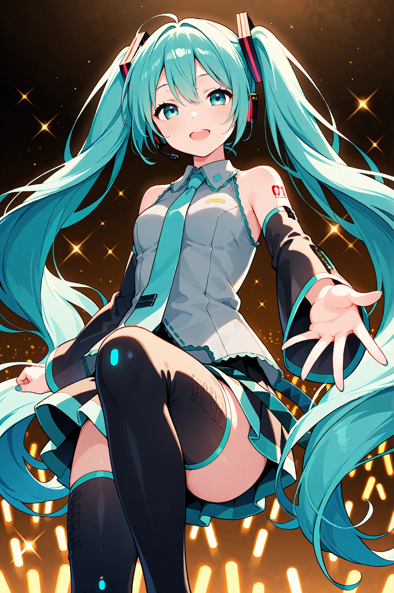 (highest quality, masterpiece, High resolution, super detailed, fine skin, complicated eyes), 1 girl, (Hatsune Miku:1.5), (12 years old, cute face, cute face), break one eye closed, (open your mouth, smile, sing, blush, Sweat, glowing skin:1.5), (dynamic angle, Reach out your hand on the live stage, colorful lighting:1.9), break (teal twin tall, Teal long twin tall, blue eyes), break (Pure white blouse with blue edges, pure white sleeveless clothes with blue edges, solid white color), break solid blue necktie, break (black separate sleeves, black removable sleeves), break (black pleated skirt, The hem of the skirt is blue), break (fully exposed panties, blue striped panties, complicated panties, skirt lifted by the wind:1.4), break (black stockings boots, black stockings) break (huge breasts, huge breasts:1.5), (thin waist, small hips:1.8), (thick thighs:1.8), (((spread legs onbed))),(((vaginal,sex))),(((cum in pussy))),(((from above))), (((lying on bed))),(((white bed sheet))),(((lie on the pillow))),(((perfect anatomy)))