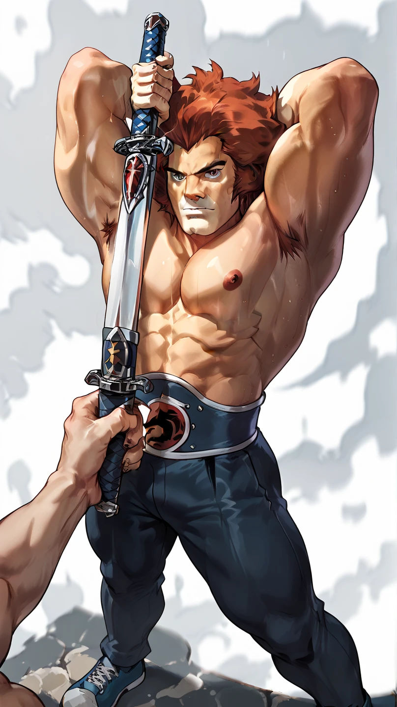 Close-up photo of a man holding a spear,photography, Not wearing a shirt,There is a scar on the cheek.,muscular body,full color