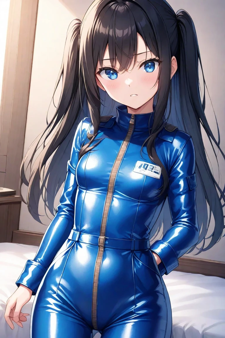 Masterpiece, Best Quality, Highly detailed, illustration, absurdres, blue reflection, kasuga shiho, blue eyes, doll suit, shadaloo doll, nazi salute, black-hair, magical girl, 1 girl, solo, expressionless, emotionless eyes, looking at viewer, red gloves, yes sir