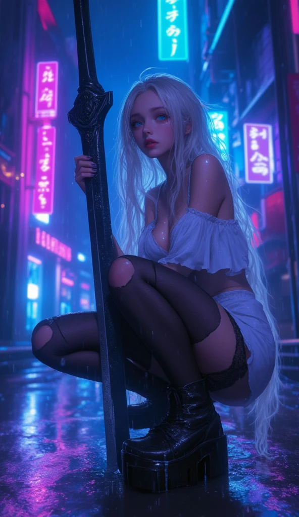 photorealistic,Realistic illustration in Modelshoot style,((masterpiece)),((The best quality)),((Ultra Quality)),((ultra detailed)),((1girl long white hair)),((Only)),((waifu:1.5)),Perfect anatomy,perfect hands,beautiful cuerpo,beautiful_method,ulzzang-6500-v1,e-chica,((Exceptionally Beauty Waifu Princess Tifa Lockhart))Actual photo、Highest im年 quality、Beautiful woman、Beautiful thighs、Beautiful Face、Uniform Ponytail、Yuriko Yoshitaka、Japanese women、pretty girl、skirt、Beautiful thighs、pumps、Sit on a chair、(front:1.6)、(Open your knees:1.4)、Panty shot、,((bright-pink_eyes)),long wavy hair, ((white hair)),hair clips,eyeliner,cute makeup,lipstick,Glossy lipstick,with a look of terror, worry and sadness,((eyes detallados perfectos)),rainy with fog outside,evening,pink theme,bioluminiscencia,light particles,((Extremely CG Unity 8K Wallpaper)),((cinematic lighting,Best quality lights)),intricate details,Suave,sharp focus,Extremely beautiful and aesthetic,Octane rendering,Full length portrait,damp skin,((Perfect detailed body)),