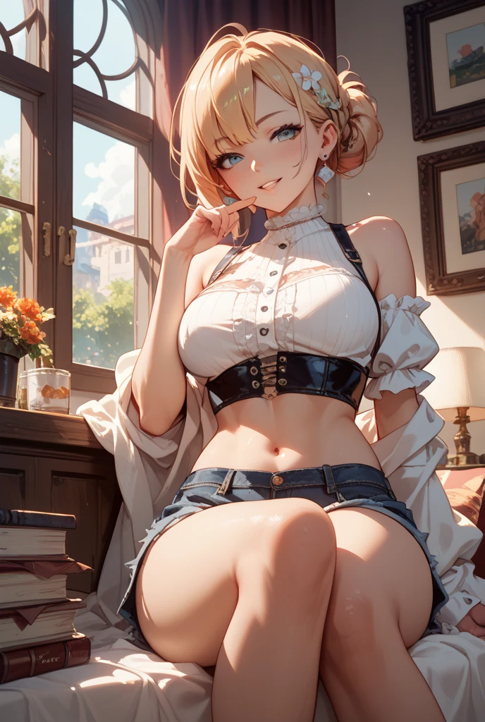 (Superflat, Flat Shading, flat-colors:1.1)、(Magazine Cover)、Illustrations、(Beautiful platinum blonde hair、short-hair、American boyish girl)、crotch open、Smiling、Draw so that the crotch cloth of the beige underwear is visible.、Skirt flipping、((Torn and tattered denim skirt、Beige panties))、Choker、When I look through the viewfinder、A bracelet、Thigh strap、Body Painting、Head tilt、8K resolution、intricate clothing、Intricate details、1girll、Solo、a blond、Standing、Cowboy Shot、Arms at sides、a miniskirt、Detailed panties、((from behind、hindquarters、heart cutout、hip incision))、Volumetric lighting、Soft light、Bright、neons、Vibrant colors、watercolor paiting、