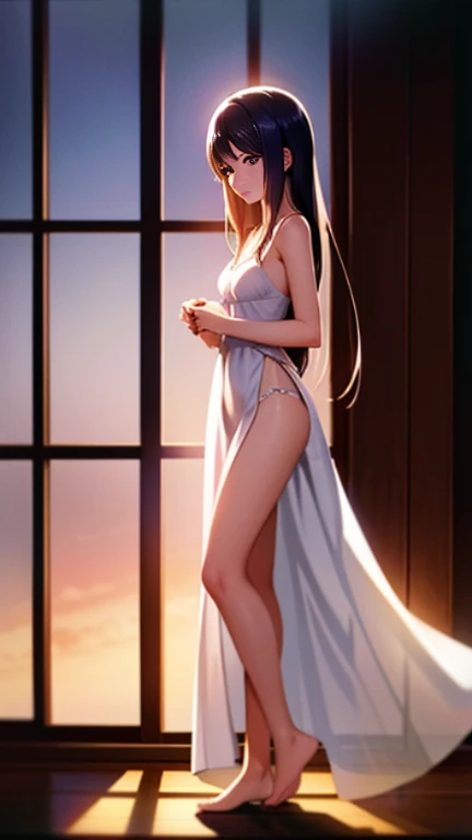 8K, Masterpiece, RAW photo, Best quality, Photorealistic, Extremely detailed Cg Unity 8K wallpaper, Depth of field, Cinematic light, Lens flare, Ray tracing, (Extremely beautiful face, Beautiful lips, Beautiful eyes), intricate detail face, ((ultra detailed skin)) 1girll, In the dark, deepshadow, pretty asian girl, heartthrob,(Very slim and slender muscular body:1.3), ((view the viewer)),(Big smile:1.3), (Cityscape, The background is blurred out), (Dim lights, the roof, terrazzo), Pretty girl, Earrings, bangle, necklace, Clear eyes, Walking , front footage, (Pale skin), Face forward, (Big eyes), ((Full body shot)), ((Black silk ties)), ((Clear white dressing gown:1.3)), (brown hairs) (view the viewer:1.3), (does not wear panties), open breast, Superior breasts, Shiny , (see through, Clear white dressing gown :1.3), terrazzo