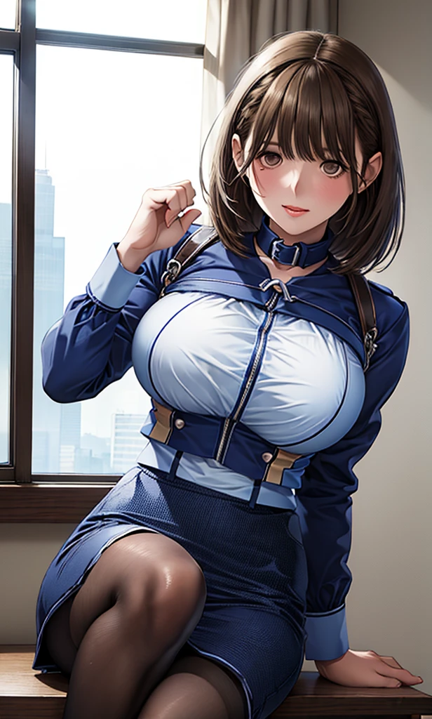 high quality,masterpiece。Cute brown-haired woman,high school girl,The hairstyle is short hair,bob cut。She stands upright with her face and body facing the viewer,true identity。her hands are empty,Both hands are not posed。she looks tall。Her breasts are huge and very big,Good style。she is smiling with a cute face,Both eye colors are green。Clothes: dark blue school uniform,navy blue blazer,navy blue skirt。black stockings on both legs。she is standing,The place I'm standing is the classroom。
