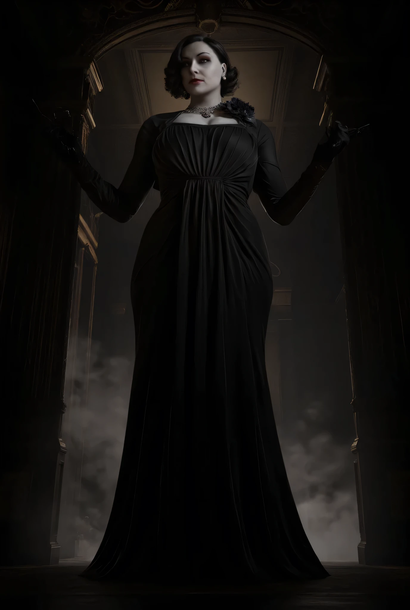 Alcina Dimitrescu, Black hat, dress, huge breasts, cleavage, standing in dark hallway, surreal horror, high detail ,masterpiece.