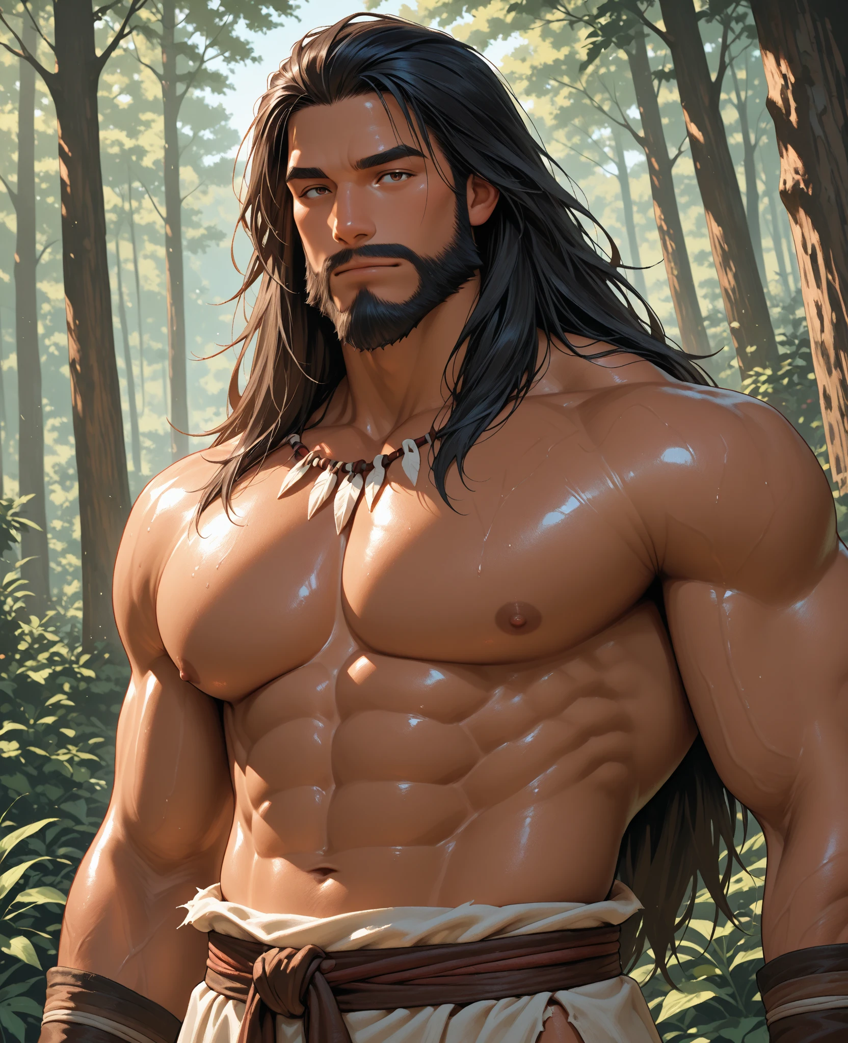 (((1boy))) (male) ((front view)) ((facing viewer))
Handsome, very detailed flawless face, detailed open eyes, very handsome, epic, heroic, pale skin,
(muscular) bodybuilder, ((big muscles)), ((large pectorals)), narrow waist, ((very very long hair, in mullet cut, bicolor)).
((hairy chest)), ((hair legs)), seductive smile, a small pendant, with a (small brilliant star shaped white gem), Realistic face, realistic eyes, topless, (no beard or body hair), mismatched pupils.
Wearing black leather thong.
Emerging from a (wooden house) entrance. It is (sunrise), cowboy shot.
Highly detailed fantasy art, dramatic volumetric light, artstation, beautiful modern fantasy illustration, ((anatomically correct)).