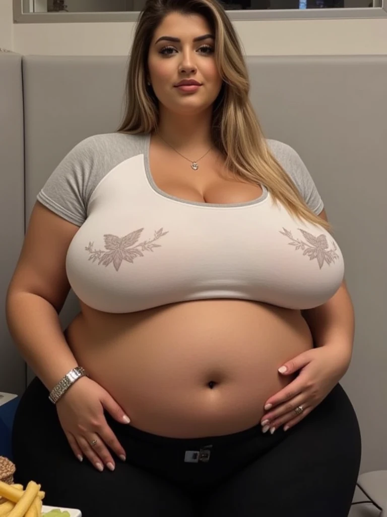 A hot american woman, pretty american woman, long legs, wavy messy blonde hair, (plump body, sagging breasts, braless), ((casual white tight shirt with rounded-neck, jersey, short-sleeve), (pink tight mini-skirt)), white stilettos, pushes chest, seductive look, attractive, full body, front view, at professional photo studio, white backdrop background, dynamic light, dynamic angle, perspective, candid, curvy body, plump body, huge big ass, thick body, curvy body type, voluptuous body type, busty body type, thick body type, big chest, big