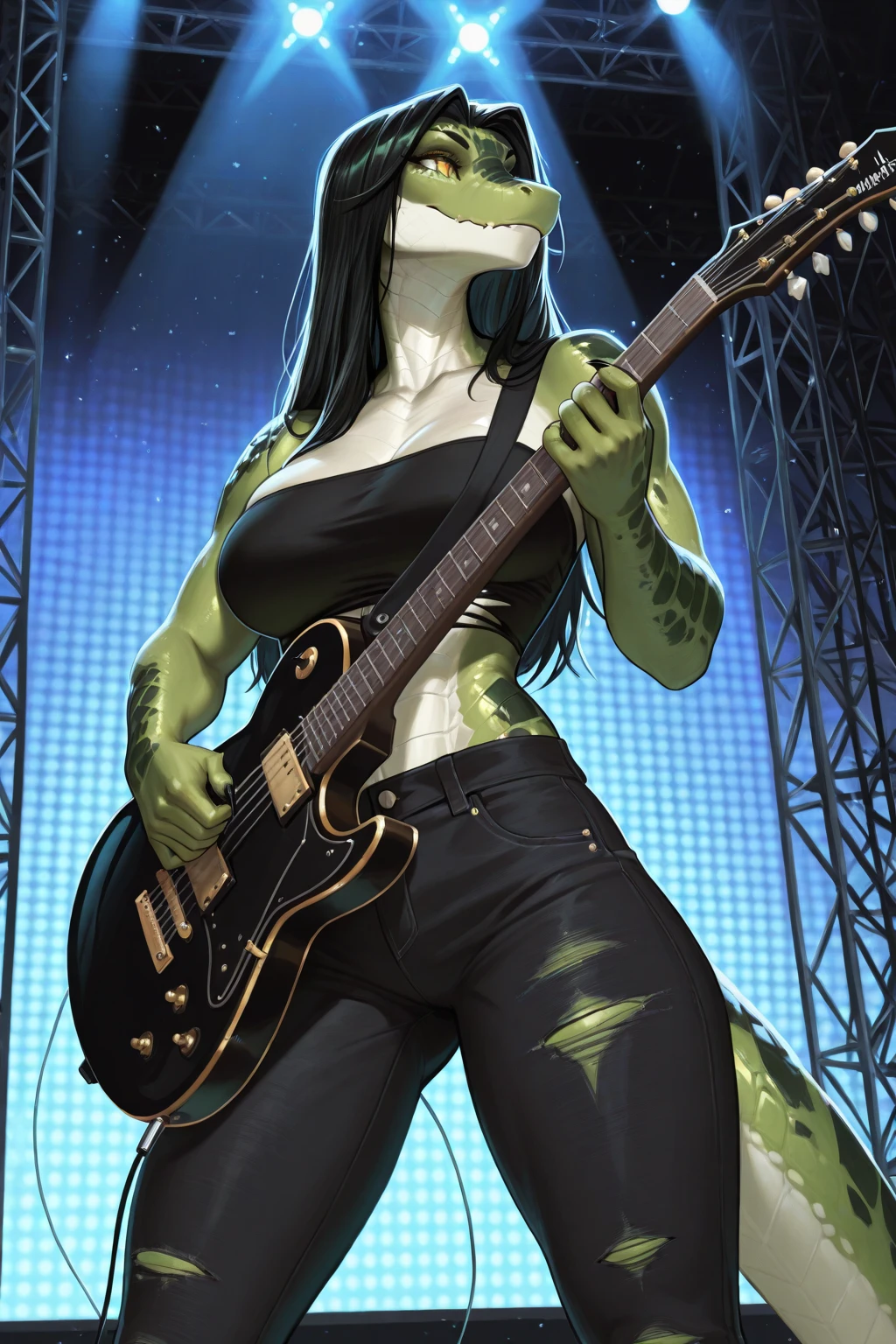 she-hulk, very beautiful, full body , Heavy metal, playing a Heavy metal black guitar, at a concert , Up-view, cinematic, photography, HD, detailed, arabesque background, full body, up-view