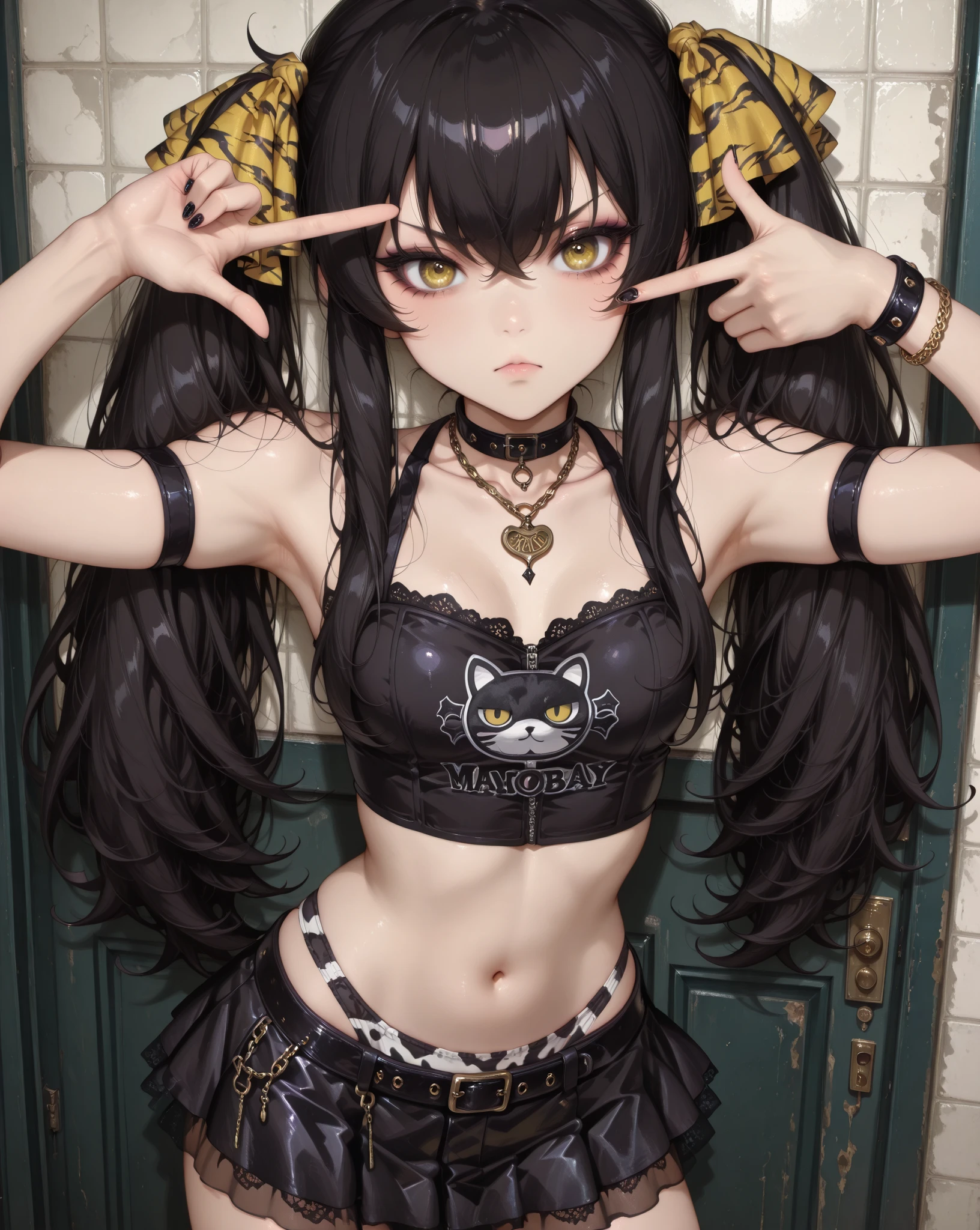 finger frame,mtbrisa_AA,matoba risa, twintails, black hair, long hair, bangs, yellow eyes, v-shaped eyebrows, yellow ribbon, navel,collarbone,cute face,morimee_style,goth, mini skirt, animal print panties