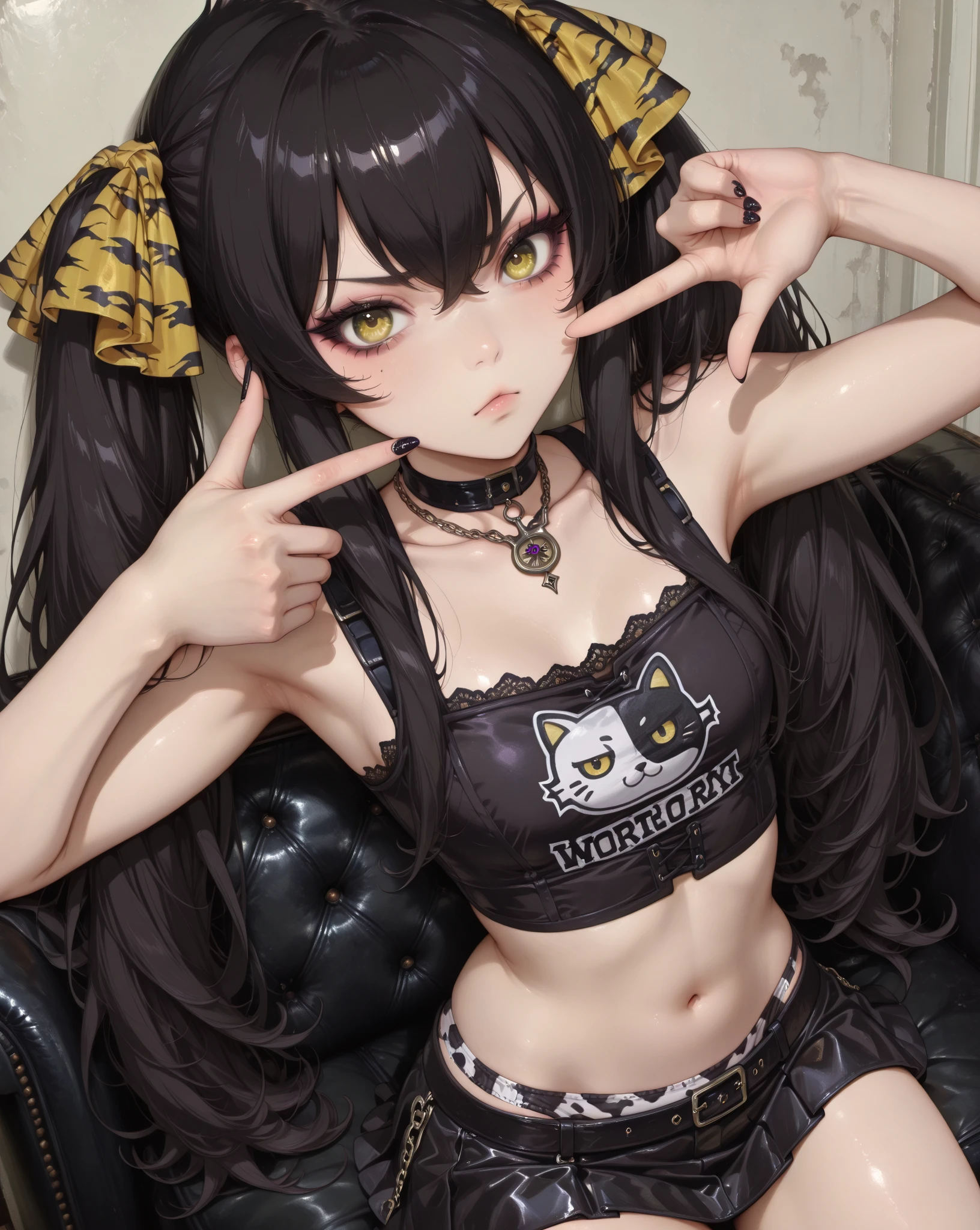 finger frame,mtbrisa_AA,matoba risa, twintails, black hair, long hair, bangs, yellow eyes, v-shaped eyebrows, yellow ribbon, navel,collarbone,cute face,morimee_style,goth, mini skirt, animal print panties