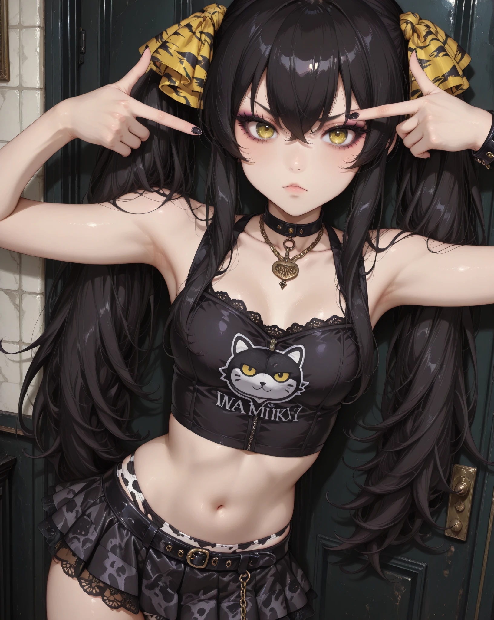finger frame,mtbrisa_AA,matoba risa, twintails, black hair, long hair, bangs, yellow eyes, v-shaped eyebrows, yellow ribbon, navel,collarbone,cute face,morimee_style,goth, mini skirt, animal print panties