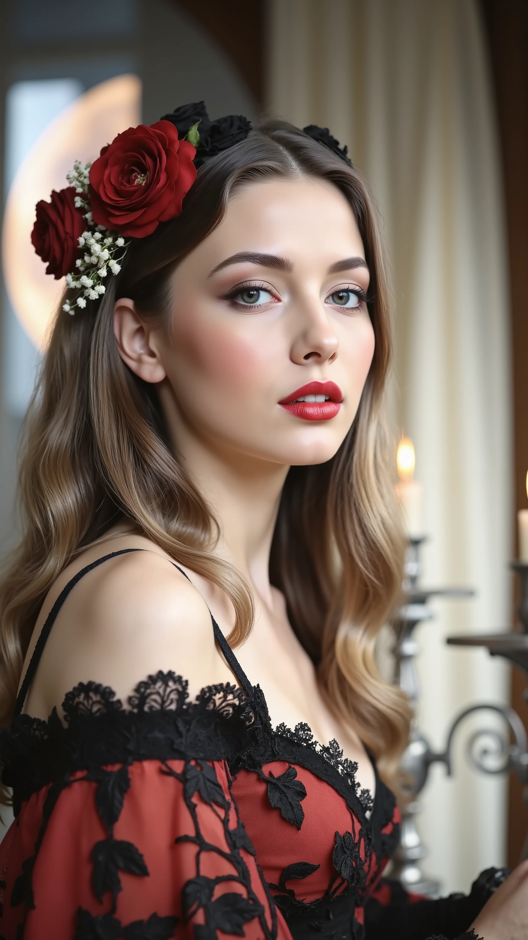 A beautiful gothic woman, hypersenual pose, ultra attractive, gothic/victorian style flower dress. Ultra-realistic,photo-realistic,ultra-detailed,physic,detailed portrait of a beautiful gothic woman with pale skin, dark makeup, piercing eyes and an intense expression, wearing an ornate black and scarlet,victorian-style flower dress,lit candles,silver candelabras,full moon seen from the window,atmospheric background with dramatic lighting, highly realistic, extremely detailed, 8K, HDR, studio lighting, vivid colors, physically-based rendering, Gothic-style young woman, gothic beauty,moody atmosphere, dramatic dark fantasy art, intricate facial features, heavy make-up, sensual poses, sensual suggestions, hypersensual, provocative, iconic style, iconic character, macabre, best quality, highres, goth chick, ultra-realistic, photo-realistic,
professional masterpiece