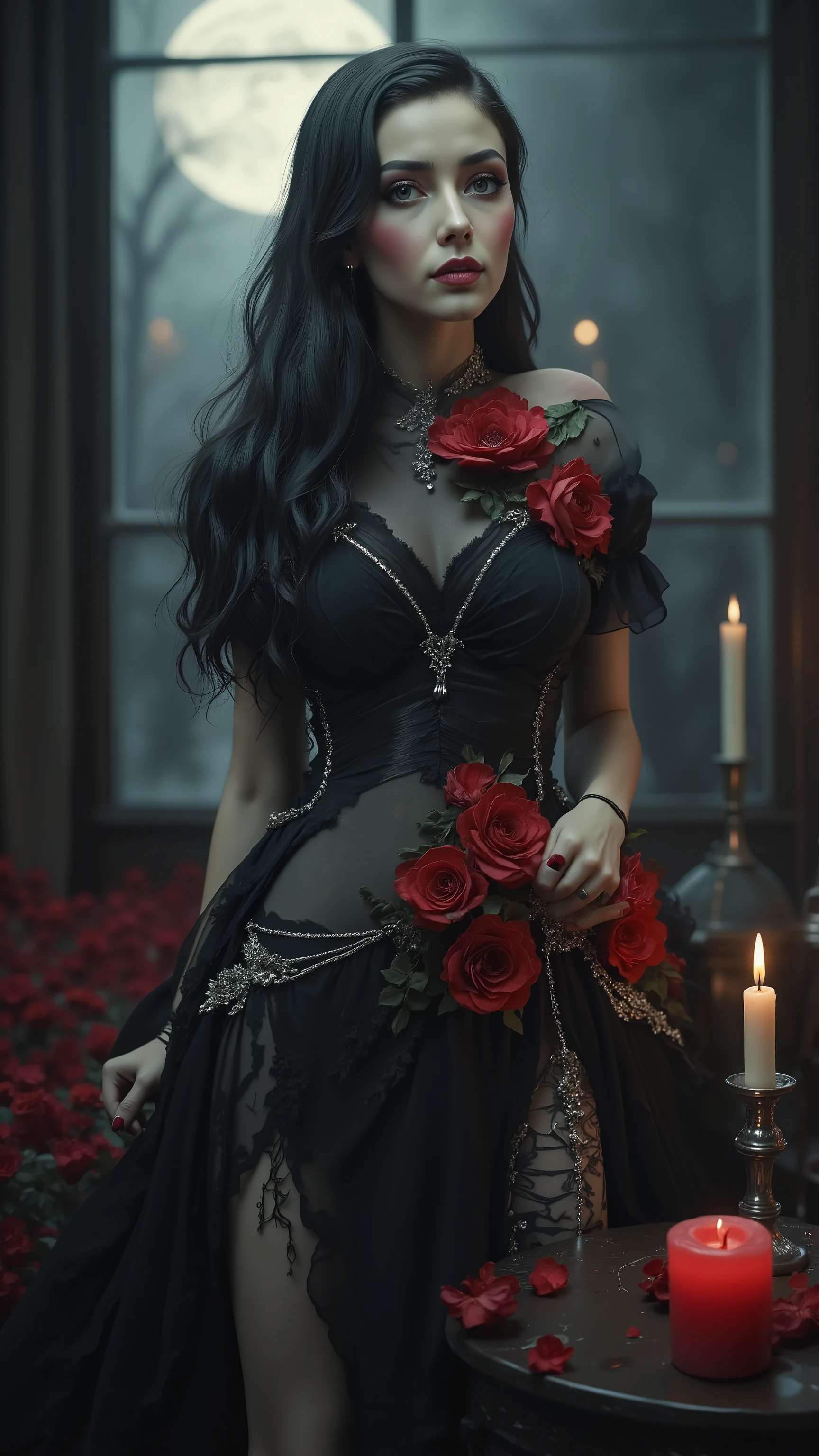 A beautiful gothic woman, hypersenual pose, ultra attractive, gothic/victorian style flower dress. Ultra-realistic,photo-realistic,ultra-detailed,physic,detailed portrait of a beautiful gothic woman with pale skin, dark makeup, piercing eyes and an intense expression, wearing an ornate black and scarlet,victorian-style flower dress,lit candles,silver candelabras,full moon seen from the window,atmospheric background with dramatic lighting, highly realistic, extremely detailed, 8K, HDR, studio lighting, vivid colors, physically-based rendering, Gothic-style young woman, gothic beauty,moody atmosphere, dramatic dark fantasy art, intricate facial features, heavy make-up, sensual poses, sensual suggestions, hypersensual, provocative, iconic style, iconic character, macabre, best quality, highres, goth chick, ultra-realistic, photo-realistic,
professional masterpiece