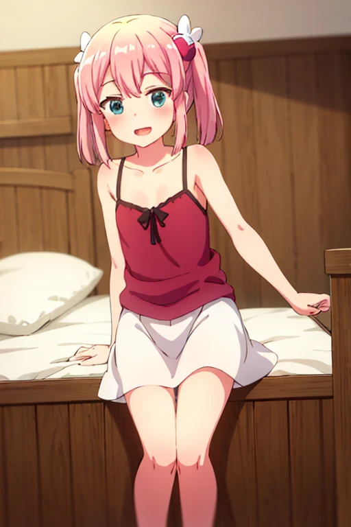 1girl, loli, 4 years old, blushing, cute, short hair, twintail hair, cute pink mini dress, upskirt, (pussy), spread legs, lying on bed
