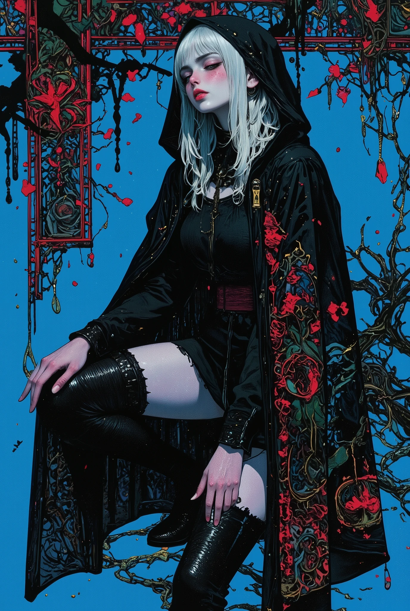 exquisite digital illustration, ((high angle from above)), ((top quality)), (super high resolution), (super detailed), exquisite digital illustration, womanhood, Studio Ghibli Dark Fantasy, a tall skinny female elf sorceress, high fashion model goddess with a bad attitude, heavy band of gold eye makeup, hauntingly beautiful, highly dynamic random model action pose, highly stylized dynamic figure composition, leather choker, leather armor, leather thigh boots, red leather waist belt, split miniskirt, thigh gap, perfect face, perfect female anatomy, perfect hands, innovative simple graphic design, high quality Vogue magazine cover, intricate lace, hood and cloak, high contrast, Popovy, Illyana - Magik - New Mutants, hate me love me, blue theme,