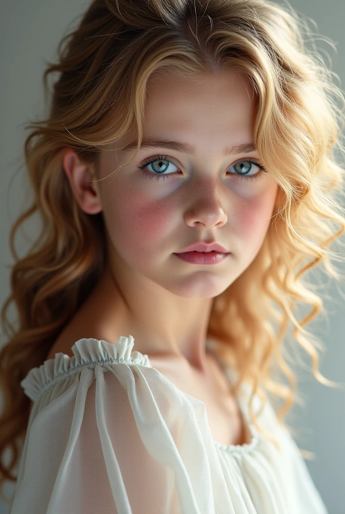 A victorian portrait of 13-year-old teenage girl with blond wavy hair and blue eyes wearing a blue nightgown from the 1890's. Only her face, just a little rose cheeks