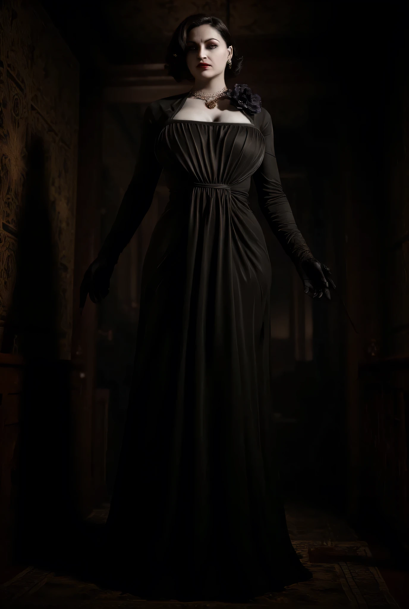 Alcina Dimitrescu, Black hat, dress, huge breasts, cleavage, standing in dark hallway, surreal horror, high detail ,masterpiece.