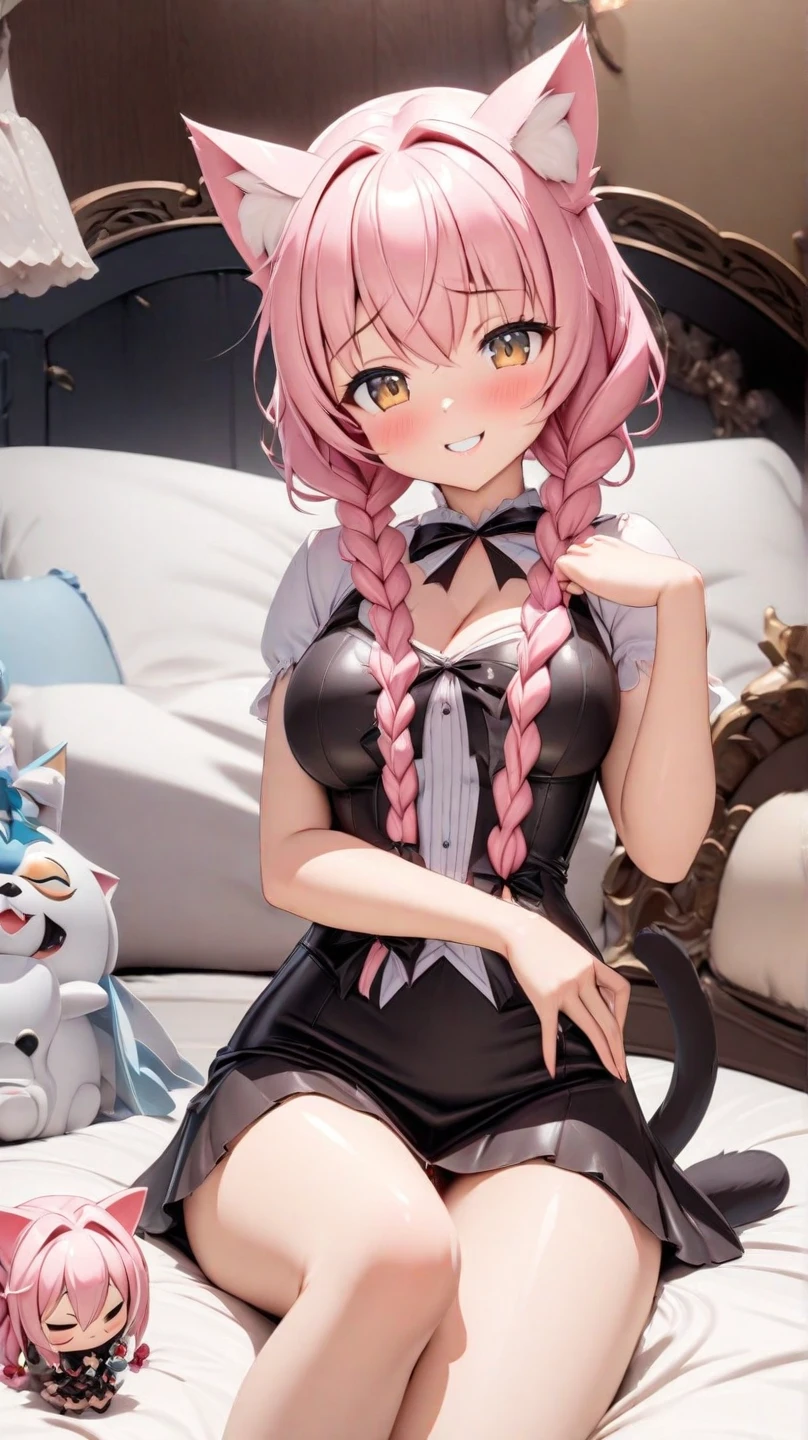 最好质量、One girl、fair complexion、Pink hair、Longhaire、Inner curl:1.1、Cat's ears:1.3、Black dress、mini-skirts:1.4、Open chest、big tit:1.3、Constriction、White heels、beauty legs:1.2、a smile、Put your hands on your face、by night、Private、Sit on a leather sofa、View here、Angle from diagonally above、Background blur、No people