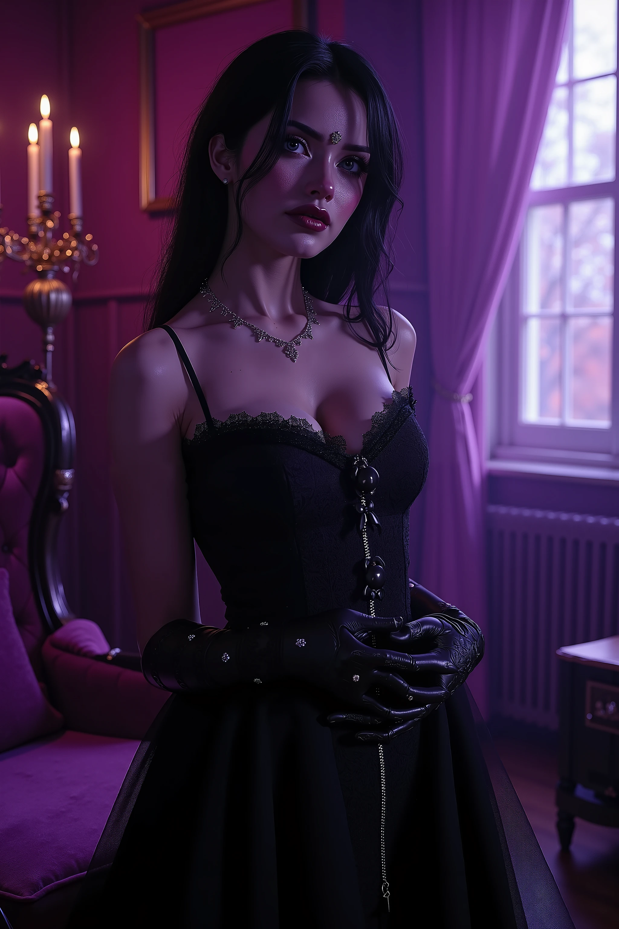 ultra attractive gothic woman, moody atmosphere, gothic/victorian style dress, black and violet, ultra-realistic,photo-realistic,ultra-detailed,physically-based rendering,dramatic lighting,chiaroscuro,ornate victorian interior,candelabra,heavy drapery,moonlight streaming through window,porcelain skin,piercing eyes,regal posture,haunting expression,4k,8k,masterpiece,extreme detail