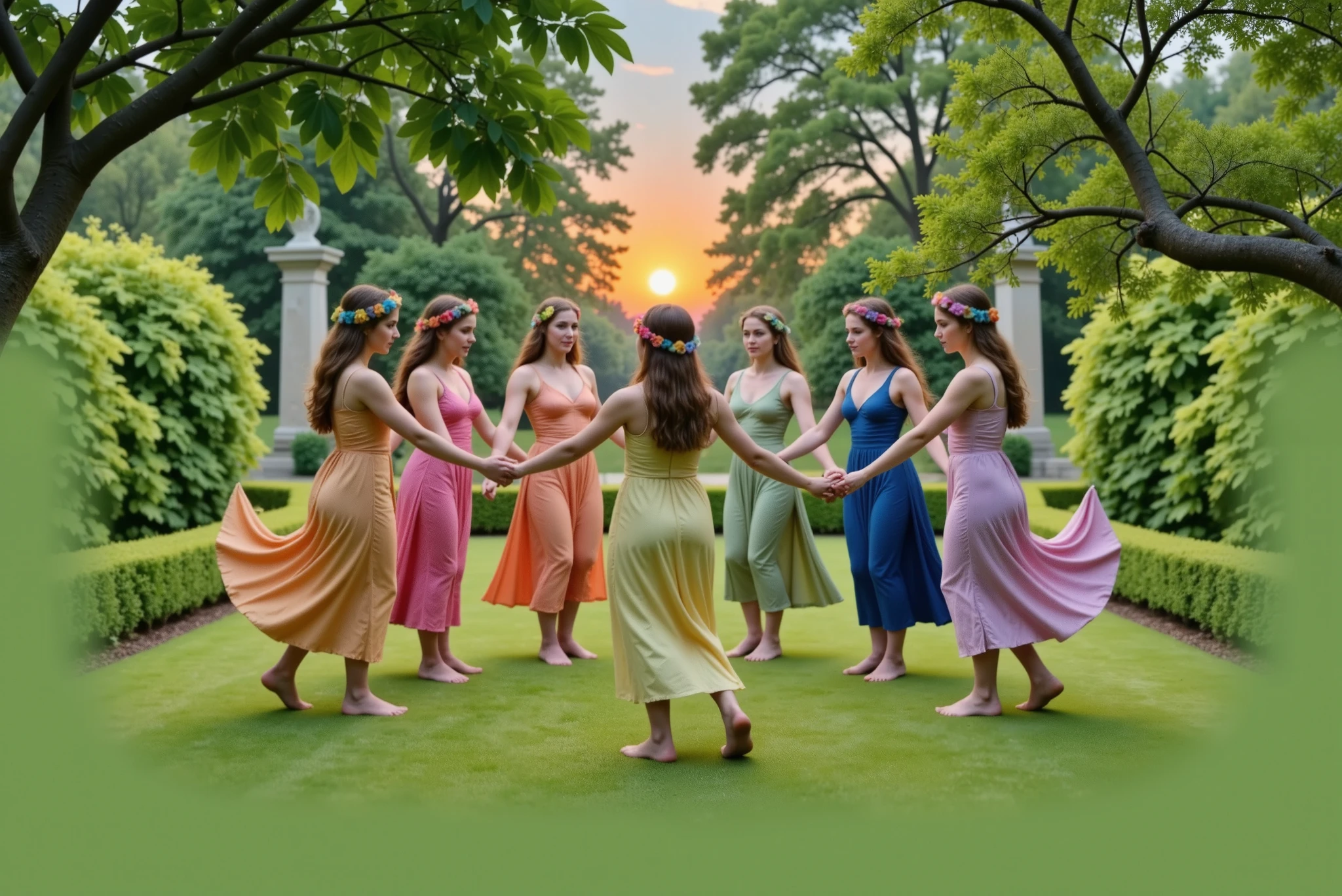 Seven mythological nymphs dance in a circle in a magical clearing in the heart of an enchanted garden, under the twilight sky, with light and graceful movements, forming a circle. Each nymph wears a thin, flowing robe in a different color of the visible spectrum: red, orange, yellow, green, blue, indigo and violet. The robes have petal details and a soft glow. On their heads, crowns of colorful flowers match the tones of their clothes. Behind them, the afternoon sun shines, creating a golden effect that envelops the scene in a magical aura.