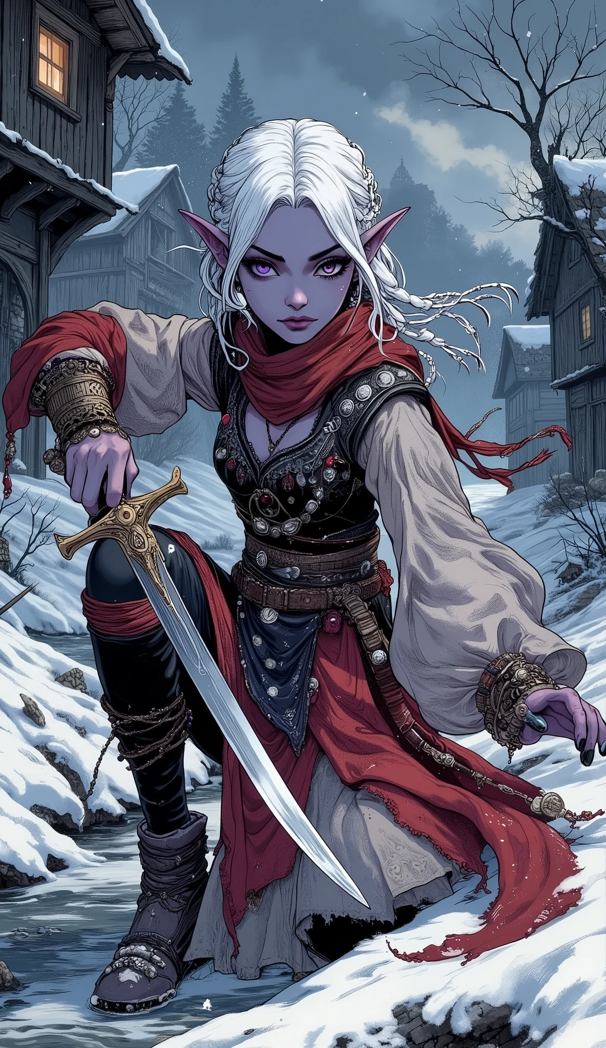 (Ukiyo-e style, dark fantasy, female drow, vampire hunter, 15th-century Transylvanian village, winter, heavy snow clouds, dim daylight, long dark shadows, gothic horror atmosphere, abandoned village, crouching low, body tense, keenly observing surroundings, snow-covered wooden houses, eerie silence punctuated only by the crunch of snow underfoot, faint sounds of wind whistling through eaves, ancient stone well, frozen stream, bare, skeletal branches of trees.) BREAK (The drow woman wears flowing, layered garments inspired by Romani and belly dancer attire: a vibrant, deep crimson and midnight blue skirt made of light, flowing fabric that shimmers subtly even in the dim light, layered over dark leggings; a fitted, embroidered velvet vest over a loose, sheer blouse with wide, billowy sleeves; a shimmering, coin-adorned hip scarf that jingles faintly with her movements (or is momentarily silenced for stealth); and soft leather boots that reach her knees. Her white hair is intricately braided, adorned with silver coins and dark beads, framing her white eyebrows, hime cut, almond-shaped eyes, lavender irises, heavy eyeliner, long eyelashes, long lower lashes, small pink lips, and dark purple skin. Her slender physique, delicate limbs, and thin fingers are evident even through her clothing.) BREAK (Her expression is intense and focused, eyes narrowed, scanning the shadows, her gaze fixed on a distant, unsettling detail (e.g., a partially open door, a freshly disturbed pile of snow). She moves with a dynamic, almost dance-like stealth. In her right hand, she gracefully wields a slightly curved, Arabian-style silver dagger. The dagger emits a soft, ethereal pale blue aura, indicating its blessed nature, casting faint, dancing shadows on the snow and her face. Her left hand holds a small, intricately carved wooden crucifix. A manga style thought bubble subtly hovers nearby, and faint speed lines suggest her quick, precise movements and heightened senses.)