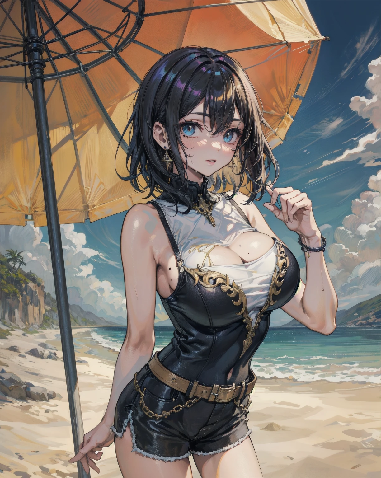 The sea sparkling in the morning sun , (Colorful and sexy black bikini girl: 1.2), Dark blue eyes, 1 girl, 20-year-old,Grin,Big ample breasts,Slender,,(Realistic), (Intricate details: 1.2), (Tabletop: 1.3), (highest quality: 1.4), (超A high resolution: 1.2), 超A high resolution, (Fine grain), (Detailed face), 8K resolution, Beautiful legs,Beautiful Hands,Look at the viewers,Dynamic Pose,Low angle,looked back