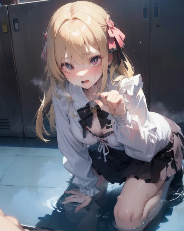 NSFW,(Natural finger shape:1.5),((Full Body Shot,Including face)),Standing position,4K,masterpiece,((Focus on the face)),((Symmetrical facial features)),Beautiful woman,Excellent style,Beautiful feet,,(High heels),Detailed depiction of the face,Small earrings,necklace,,((Sleeveless,skirt)),lie down,blue blonde,(Panty shot:1.5),Arms under the chest,