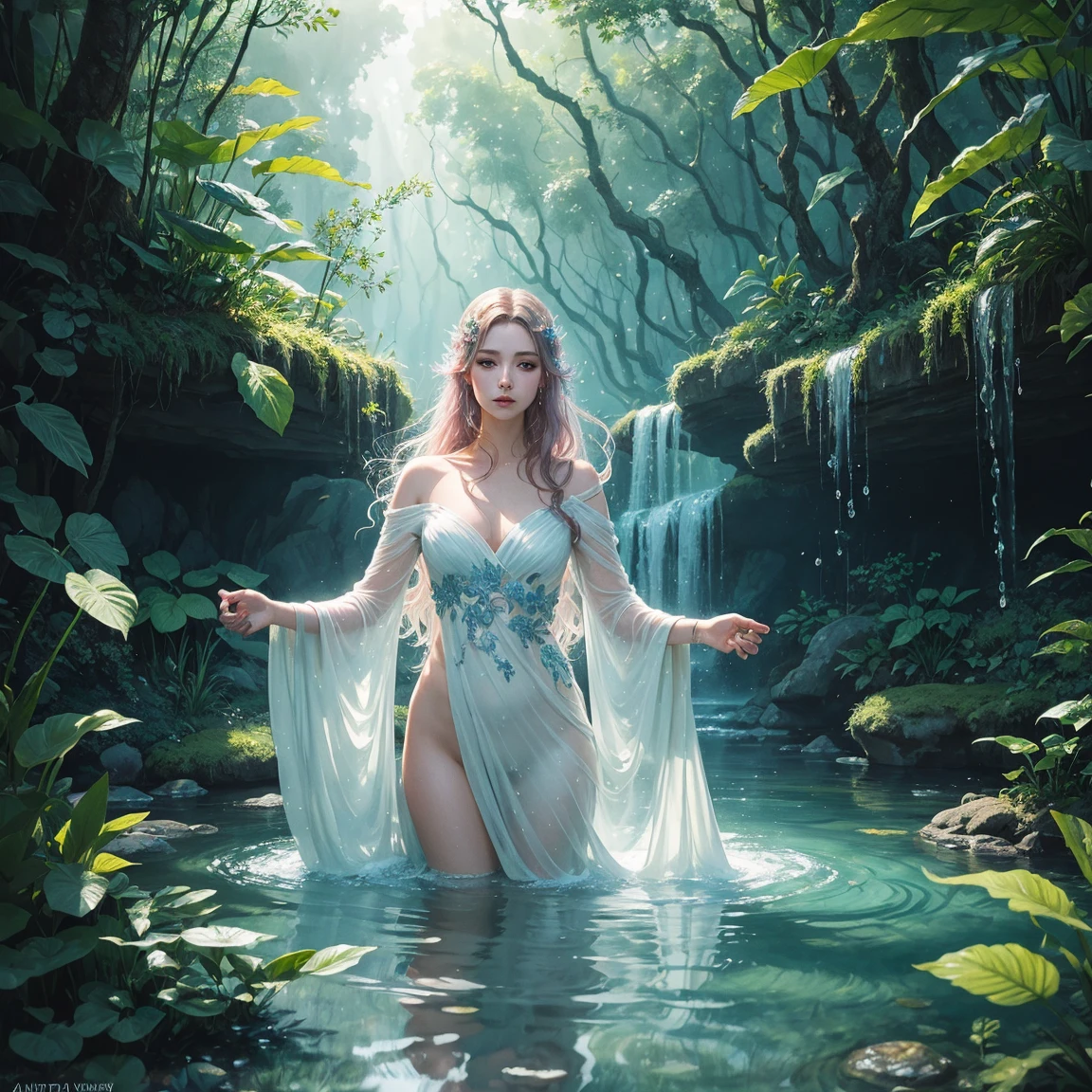 photo-realistic image of a beautiful elf woman with fair skin, "light blonde hair", and "striking blue-green eyes". She is wearing a delicate necklace with a white-transparent orchid pendant. "Her attire is a very thin, light, and completely transparent white silk ribbon", draped around her neck, crossing over her chest, and tied at the waist. The transparent white silk ribbon does not cover her sides, leaving her hips and thighs exposed. The ribbon only covers her breasts and crotch area, emphasizing its delicate, sheer, and revealing nature.
Elaria sits in a lotus position in a green forest glade, surrounded by flowers and tall trees. Her eyes are closed, and her face expresses calm and concentration. Sunlight filtering through the leaves dances on her light skin and the decoration in the shape of a translucent white orchid around her neck. Nearby, a small stream babbles, and birds sing their songs, creating perfect conditions for meditation.