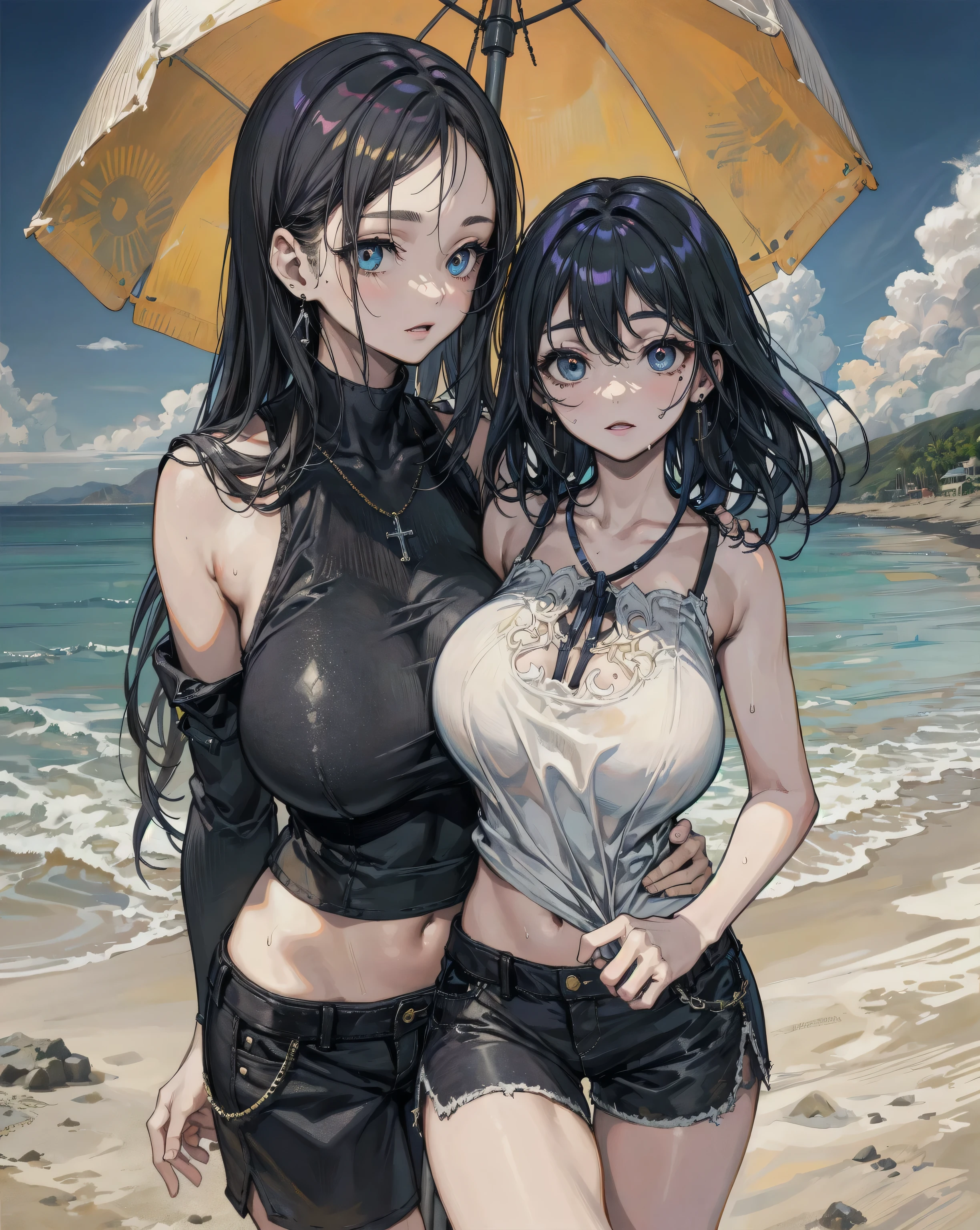 2girls，Extremely large breasts，Get wet，Black bikini swimsuit，Bare with thighs，Bare navel，High-fork swimsuit，Tattoo of a heart on the abdomen，There is love in the eyes