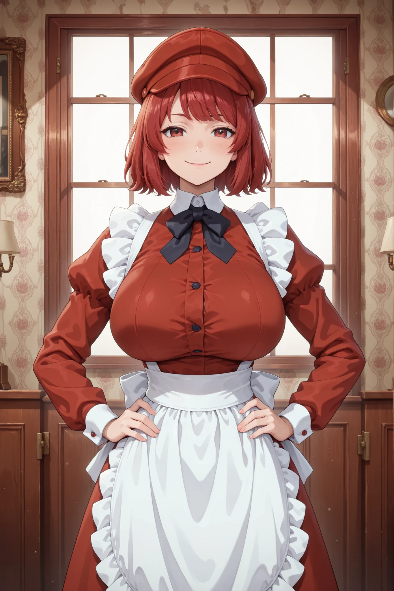 Ranmachan, cabello rojo, Cabello corto, ojos azules, ojos detallados, cara de placer, muslos, pechos grandes, cuerpo completo, pose vulgar, escote muy grande, senos grandes, Victorian Maid Dress, Cleavage Bulge, Bursting Breasts, Spilling Out