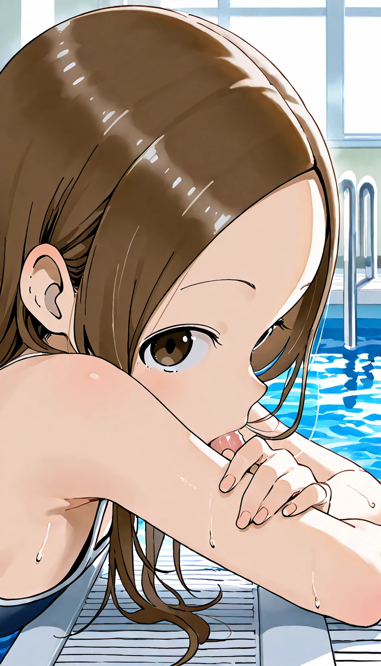 Browsing Caution、Soryu Asuka Langley、Only one naked、sitting by the pool、Embarrassed expression、Are crying、Red cheeks、Classmates are watching、Multiple schoolboyy classmates are grinning、School swimming pool、Overall angle of the pool