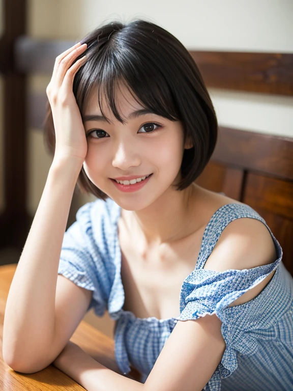 One girl,summer,Inside the room,Sitting on the sofa,Black Hair,Short Bob,Grey tank top,button,smile,6th grade elementary school,Innocence,Innocent,front,Look here,Small swelling in the chest,transparent, Soft Light,(masterpiece, Highest quality), Structure of the film, Like a movie