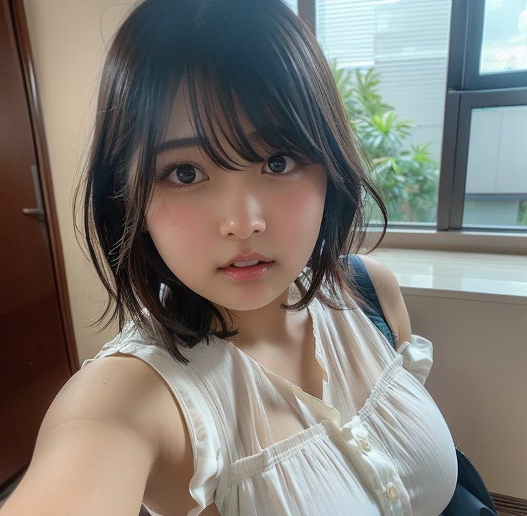 (8k, RAW Photos, Highest quality, High resolution: 1.1), (ultra Realistic: 1.4), (Realistic, Realistic: 1.3), The Beauty of Japan, pajamas, ((Upper Body: 1.3)) High resolution, Realistic image of a Japanese woman with short hair, She has big breasts and red cheeks, Take a look at it, smile She looks at it, smile, While taking a selfie. Her smartphone is close to her face. She appears to be live streaming from her home.., Spread out on the bed, Put a blanket over your chest.Embarrassed face