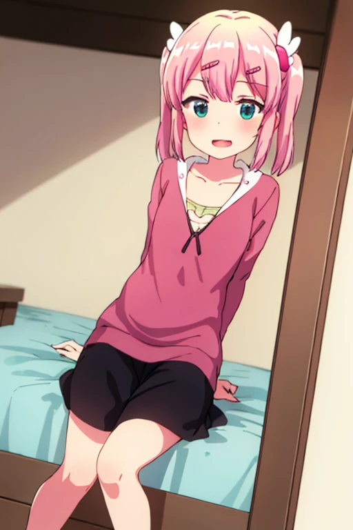 top-quality、masterpiece、1girl in、looking at the viewers、A pink-haired、shorth hair、城市、Random Hair Styles, cowboy shot、(((skirt flip)))、 Looking Up, View from below, (((Panties))), (((blush and surprised face,))), (((Open your eyes))), (((scream))),