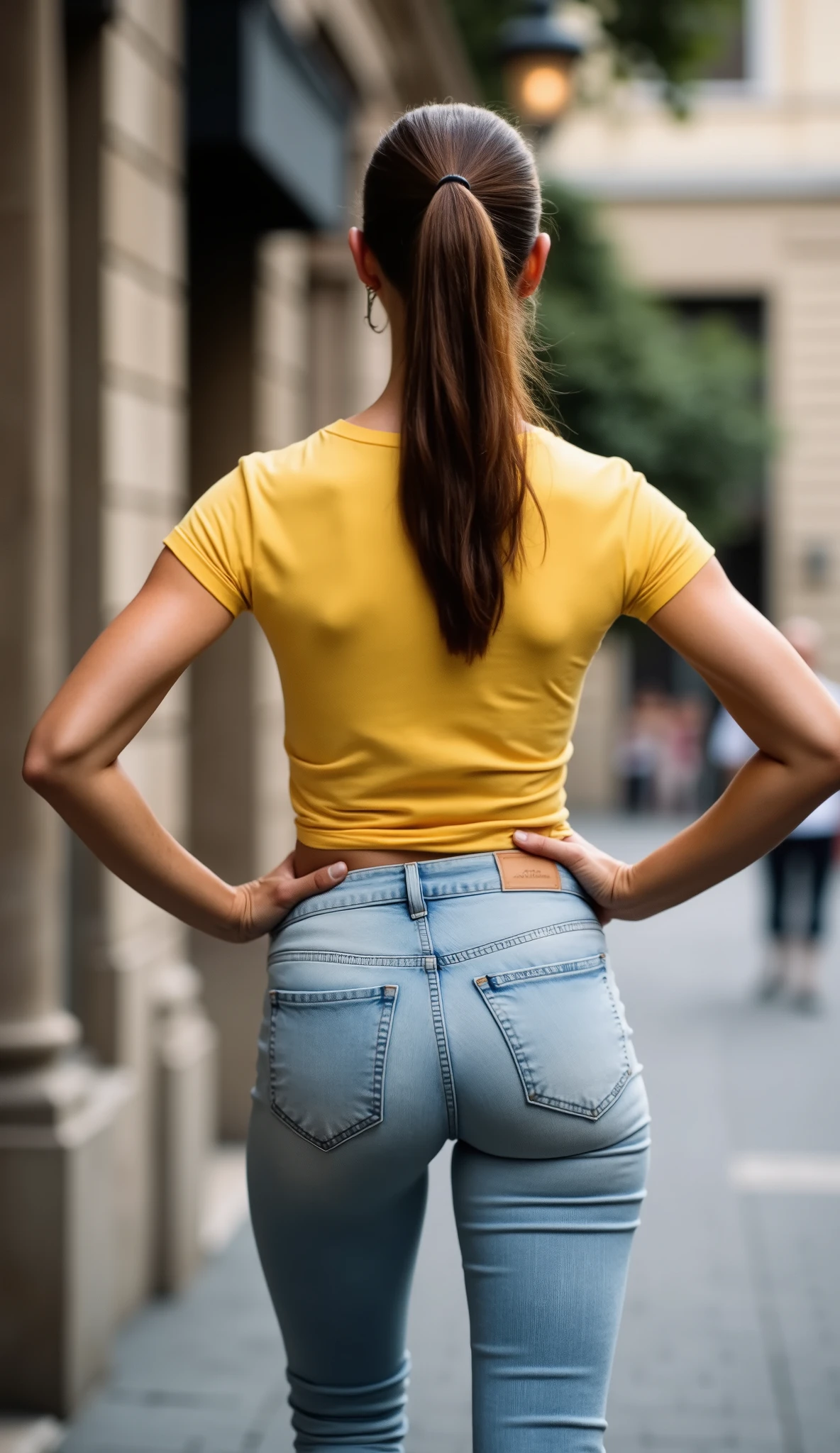 Artsy Photo,Artsy Photo,m4tur3w0m4n, mature woman, middle-aged,photoreal, extreme detail, ultra high resolution, full body shot, full body visible, from behind, rear view, a mature european woman, in her 50s, aged skin, tanned, detailed skin, facing away, full body visible, visual focus on butt, on the sidewalk, standing, confident posture, hands on hips, long brown sleek straight ponytail, petite slender body, small figure, wearing yellow t-shirt and light washed tight jeans which are tight on the butt and slightls flared on the lower legs, sharp focus on woman, depth of field, masterpiece