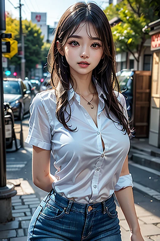 ((Best Quality, 8K, Masterpiece: 1.3)), Full Body, Focus Clear: 1.2, Style Outstanding Beauty: 1.4, Slender Abs: 1.2, ((Brown Hair, Large: 1.2)), Designer Style, White Sexy Shirt with Design, Openwork Shirt: 1.1, (Neon, Street: 1.1), Highly Detailed Face and Skin Texture, Detailed Eyes, Double Eyelids, Night Scene, Industrial Area, Fairy Z, Shortcut, Katyusha